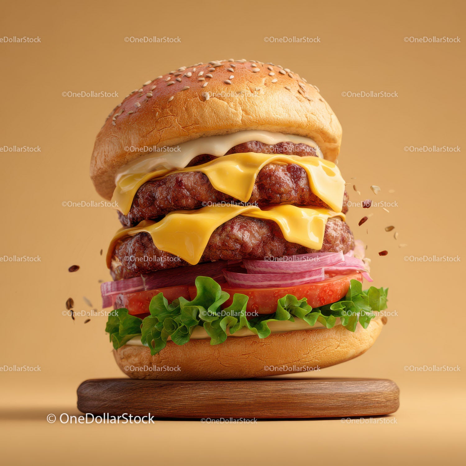 Juicy Double Beef Cheeseburger with Fresh Vegetables and Melted Cheese