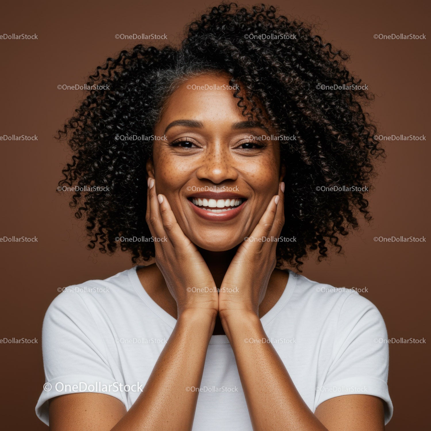 Vibrant Happy Woman with Curly Hair and Bright Smile