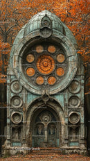 Decaying Gothic Church with Ornate Entrance and Circular Window