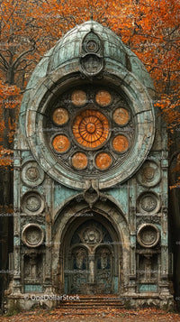 Decaying Gothic Church with Ornate Entrance and Circular Window