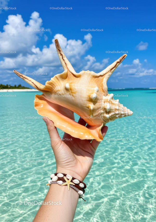 Tropical Seashell in Hand Over Crystal Clear Ocean at Beach