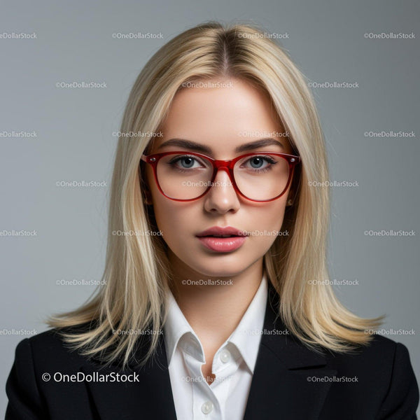 Professional Woman Wearing Stylish Red Glasses in Studio Portrait