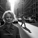 Elegant Woman in Vintage Coat Walking Through Busy City Street