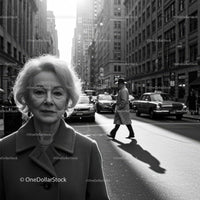 Elegant Woman in Vintage Coat Walking Through Busy City Street