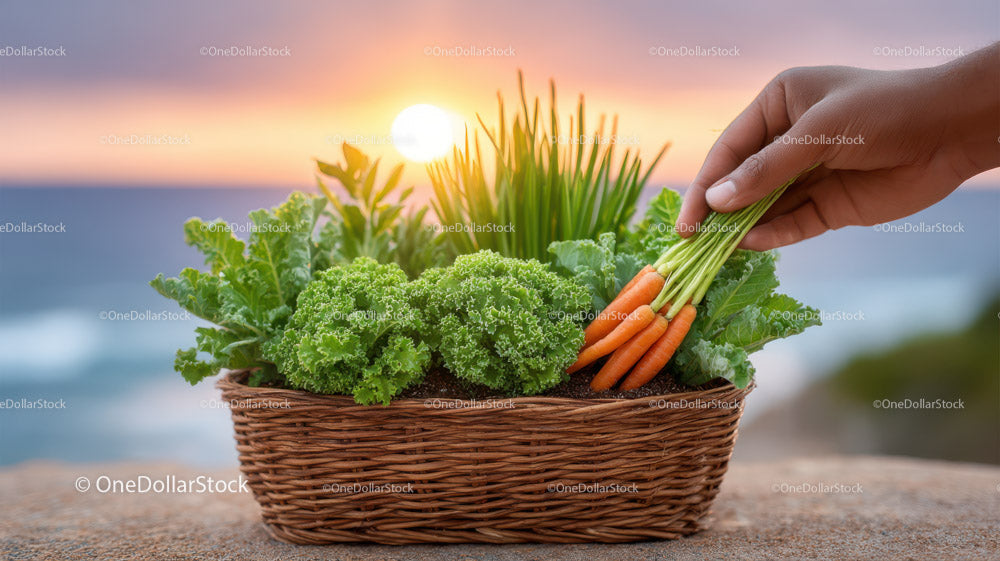 Basket of Fresh Carrots and Lettuce with Sunset in the Background