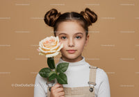 Young Girl with Pale Peach Rose Portrait on Soft Beige Background