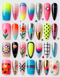 Colorful set of nail art designs with floral and glitter accents