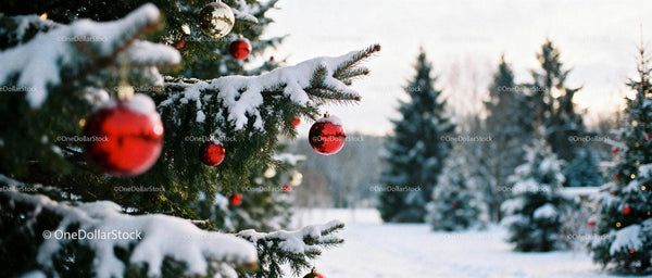 Snow-covered pine trees decorated with red Christmas baubles