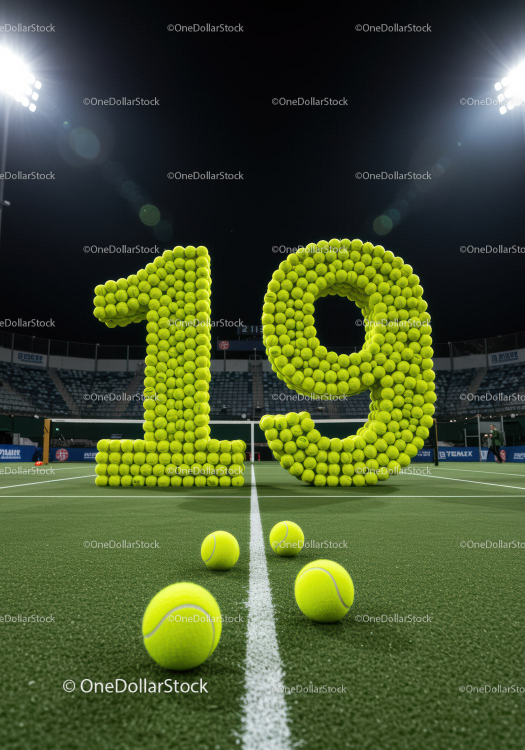 Number nineteen formed with tennis balls on court
