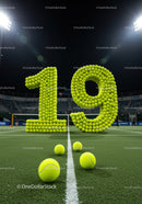 Number nineteen formed with tennis balls on court