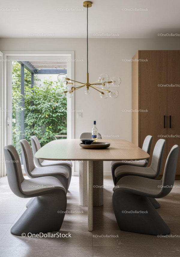 Modern Dining Room with Unique Chandelier and Bright Natural Light