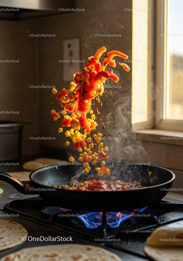 Sizzling vegetables tossed in a frying pan over flame