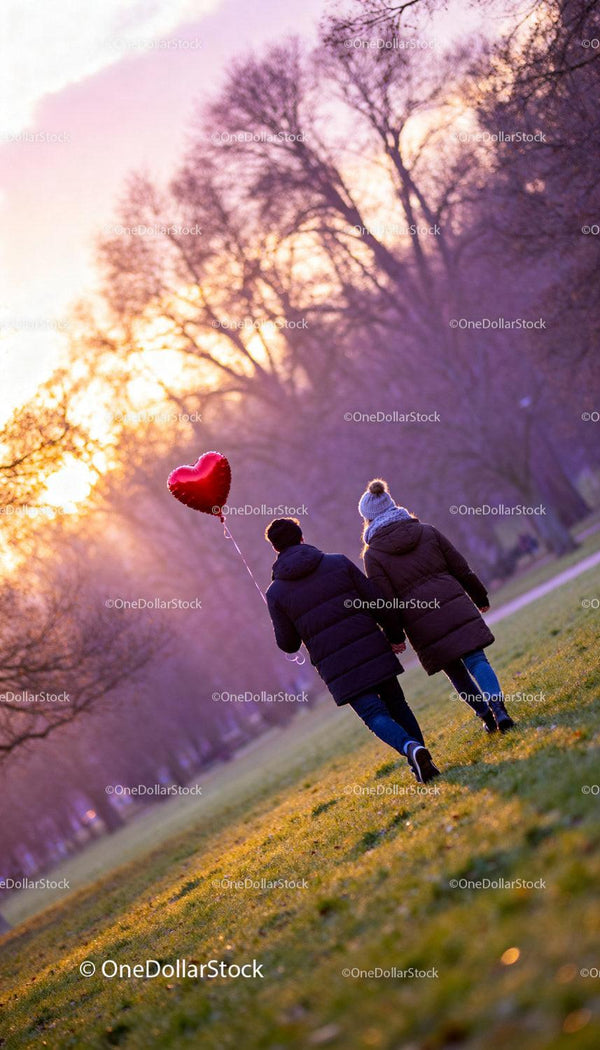 Couple Holding Heart Balloon Walking in Park at Sunset