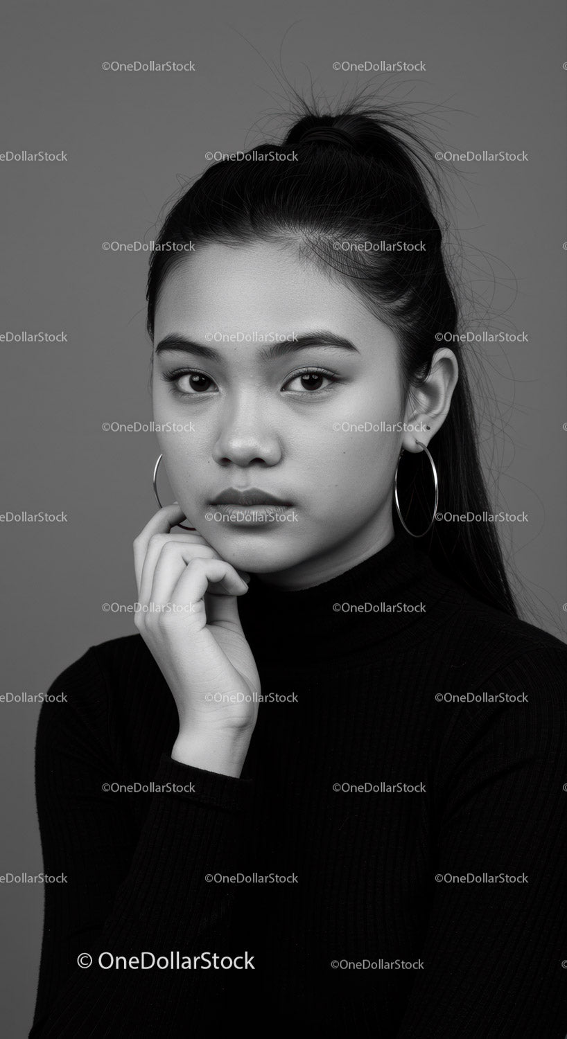 Elegant Black and White Portrait of a Youthful Woman with Hoop Earrings