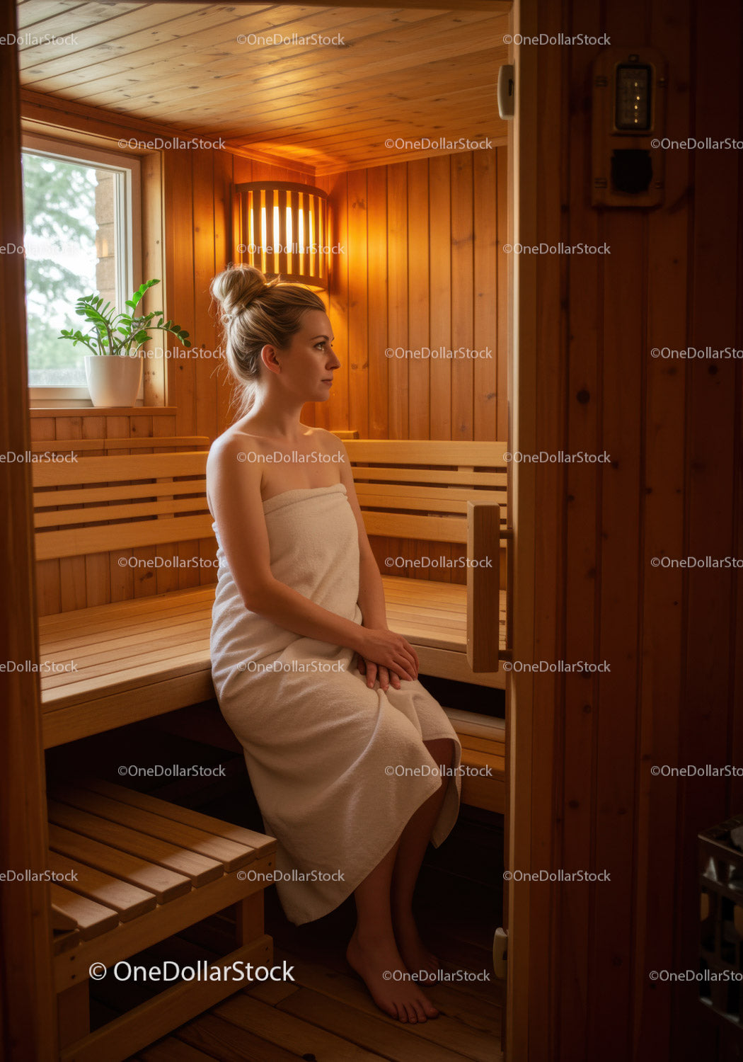 Woman Sitting in Wooden Sauna for Relaxation and Wellness