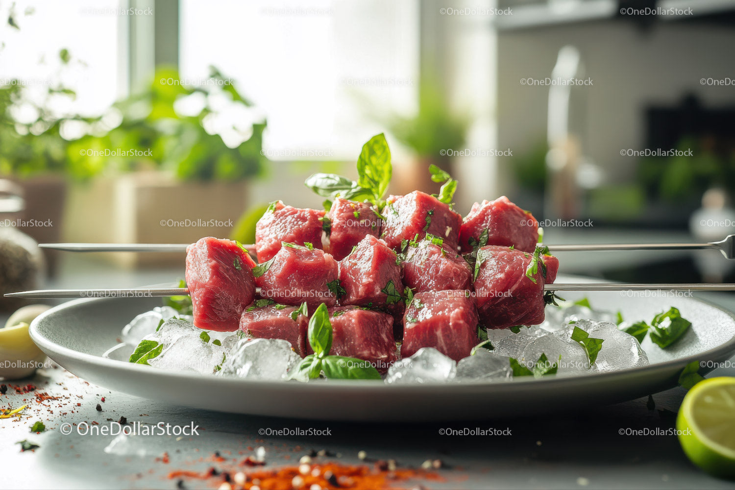 Fresh Raw Beef Cubes with Basil on Ice for Culinary Preparation
