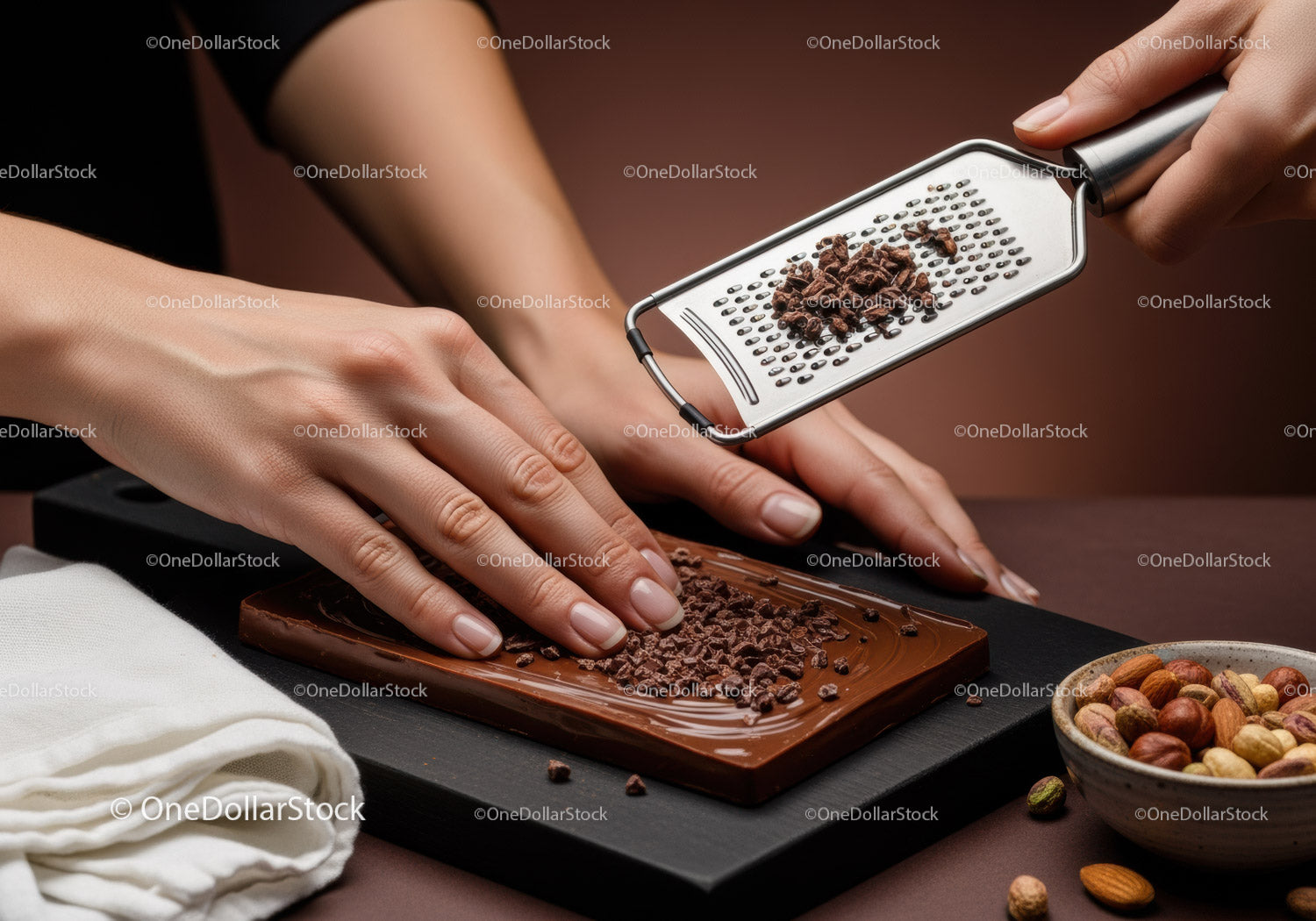 Dekorowanie tabliczki czekolady płatkami czekolady i orzechami laskowymi jako deser gourmet