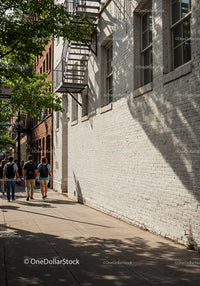 City Sidewalk with Pedestrians and Tree Shadows