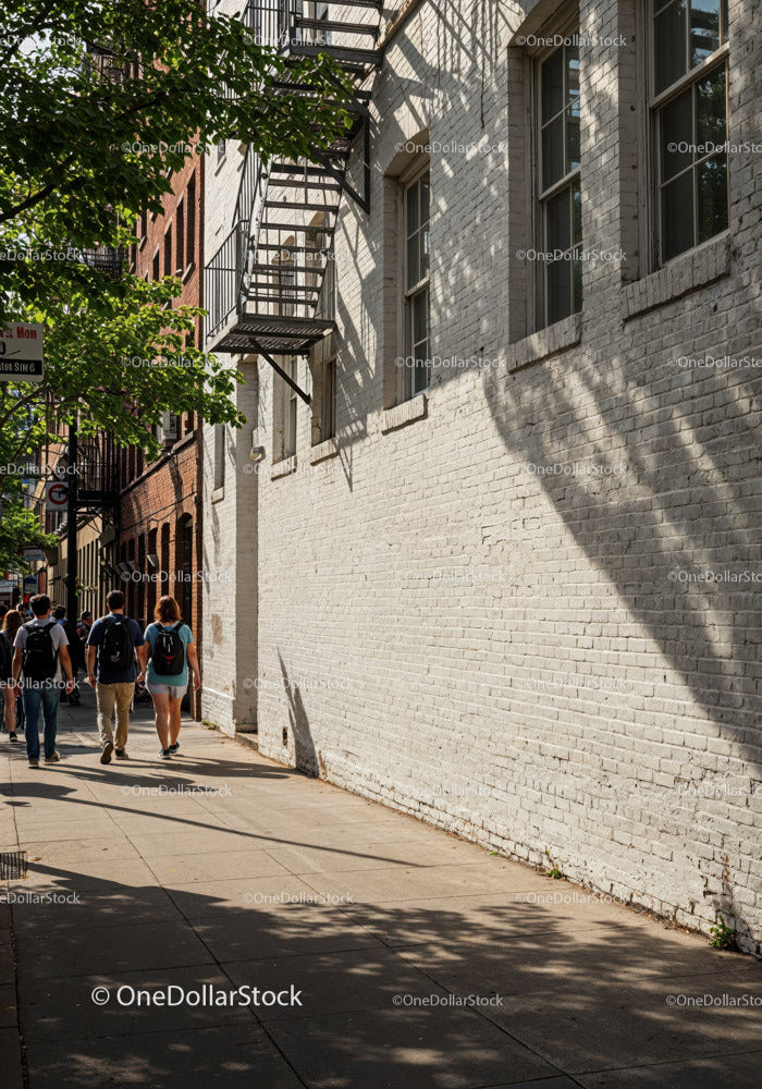 City Sidewalk with Pedestrians and Tree Shadows