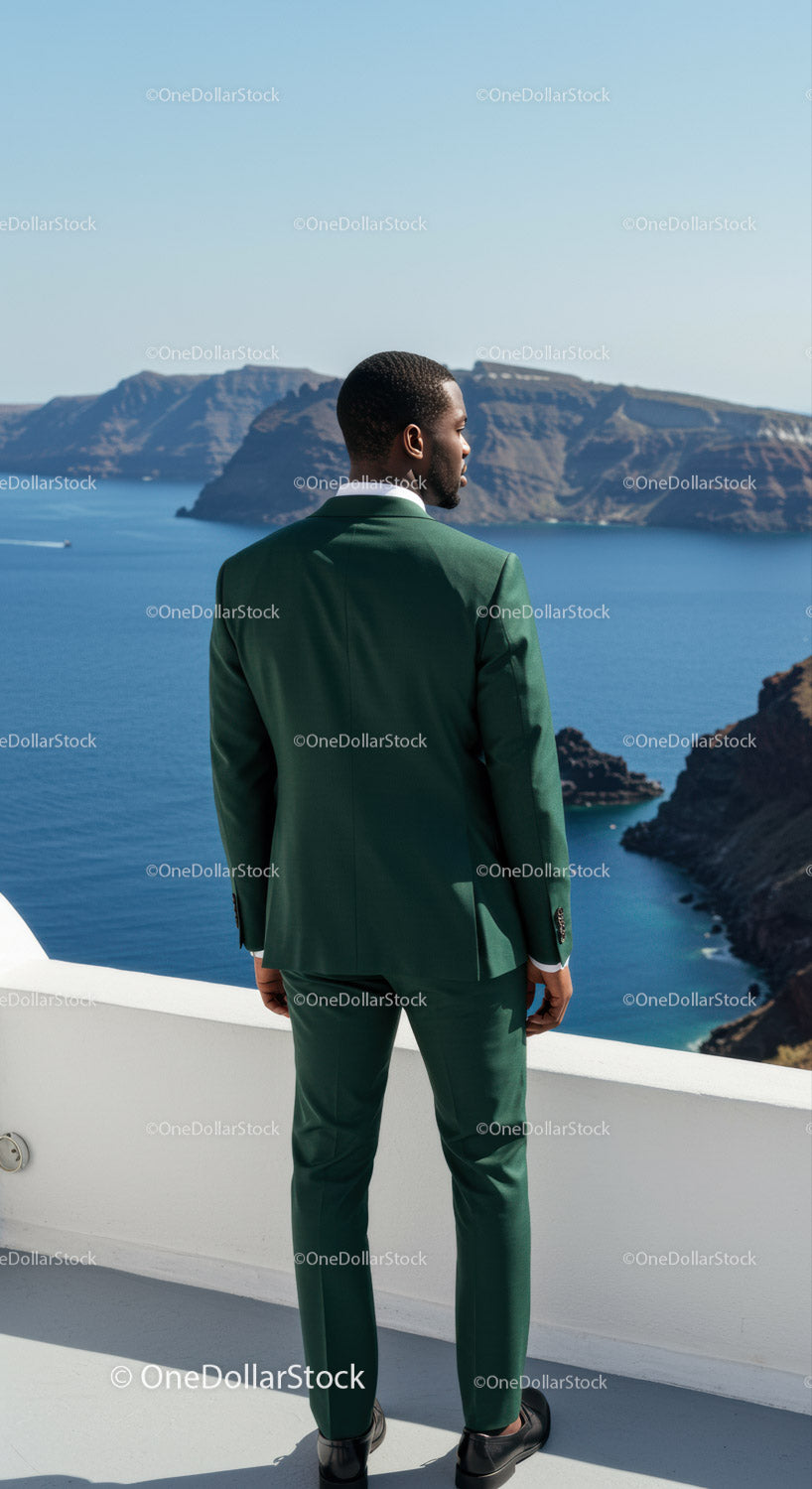 Man in green suit enjoying ocean view on terrace