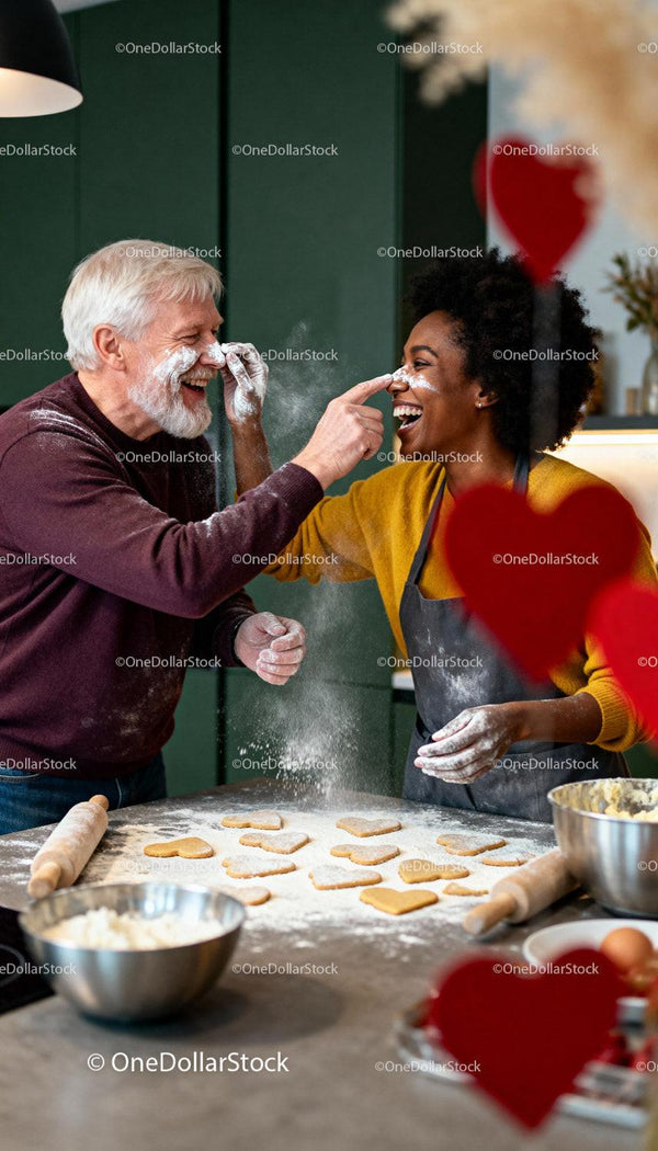 Couple Playfully Baking Heart Cookies Together in Kitchen