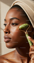 Close-Up of African Woman Receiving Facial with Jade Roller for Glowing Skin
