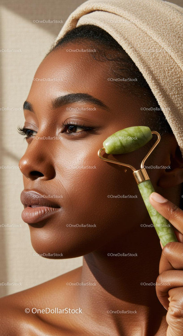 Close-Up of African Woman Receiving Facial with Jade Roller for Glowing Skin