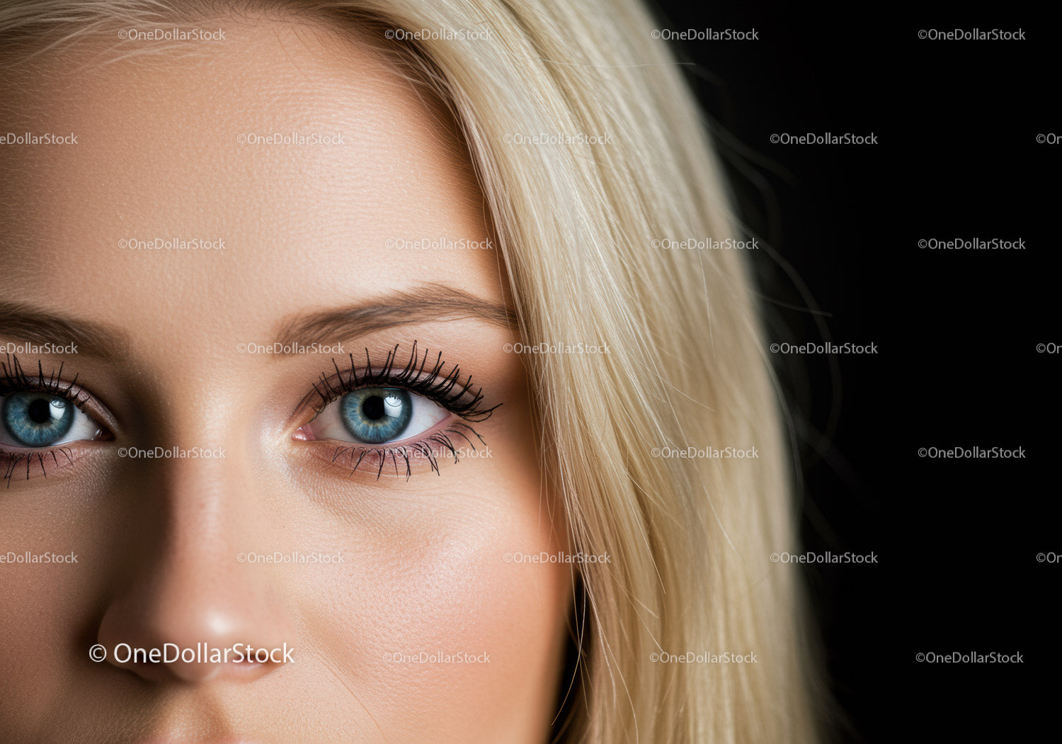 Close Up of Blue Eyes and Blonde Hair on Dark Background