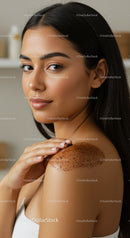 Beautiful woman with freckles touching shoulder in natural skincare portrait