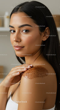 Beautiful woman with freckles touching shoulder in natural skincare portrait