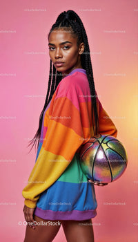 Stylish Young Woman in Bright Sweater Holding Rainbow Basketball