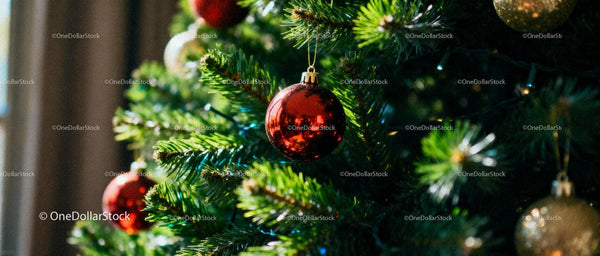 Close-up of festive Christmas tree with colorful baubles
