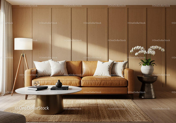 Cozy modern living room with leather sofa and orchids