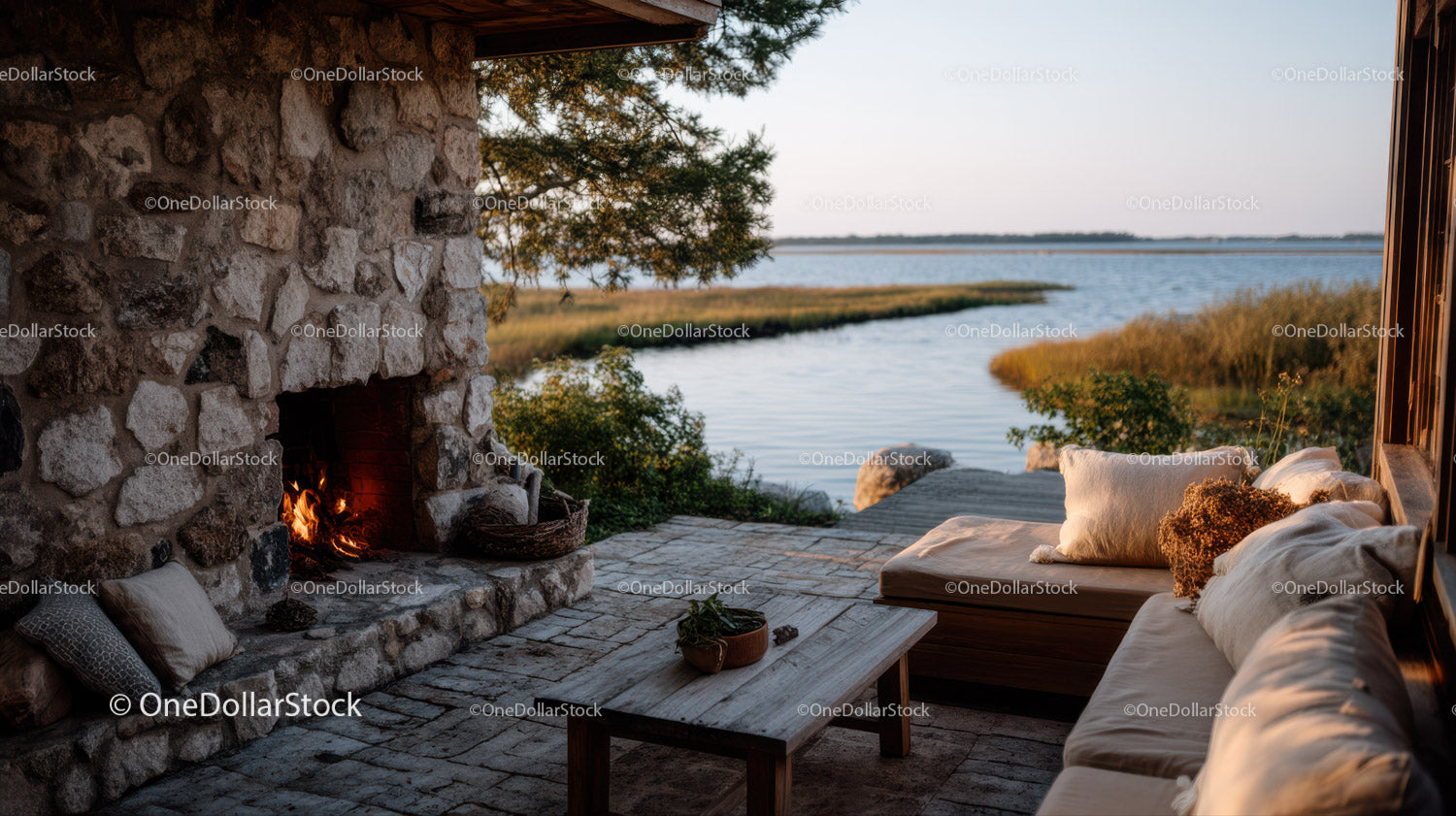 Rustic Lakeside Outdoor Lounge with Fireplace and Scenic Water View