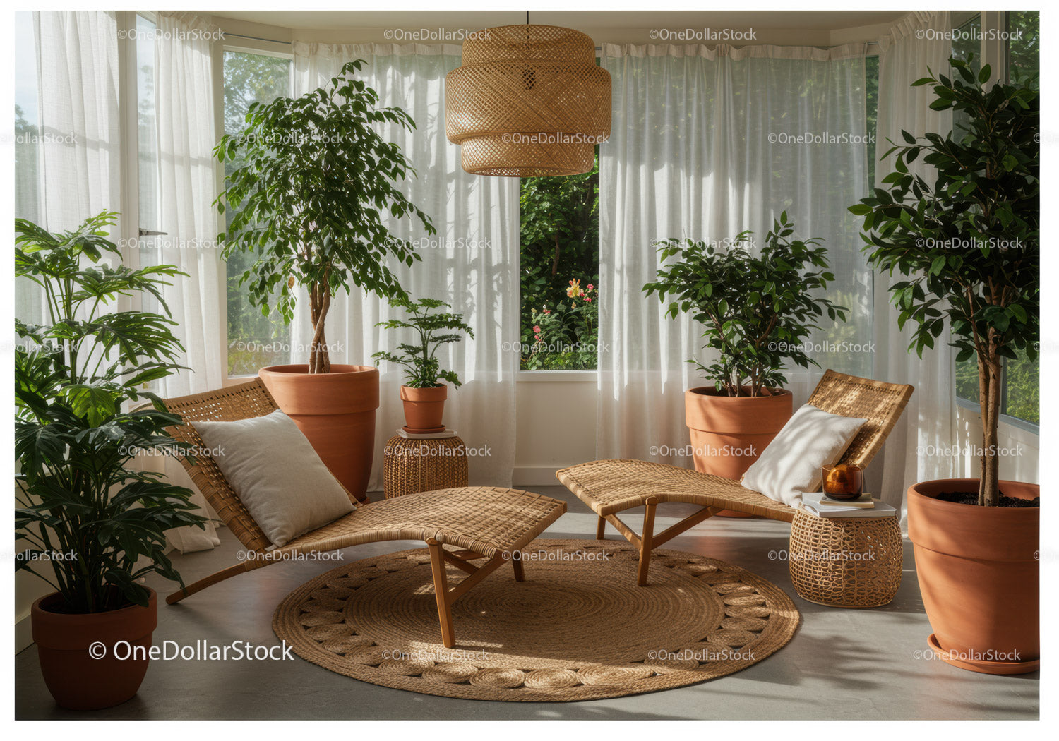 Cozy sunlit lounge with rattan chairs and lush plants