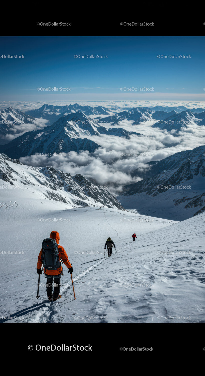 Mountaineers Trekking in Snow-Covered Mountain Range with Dramatic Peaks