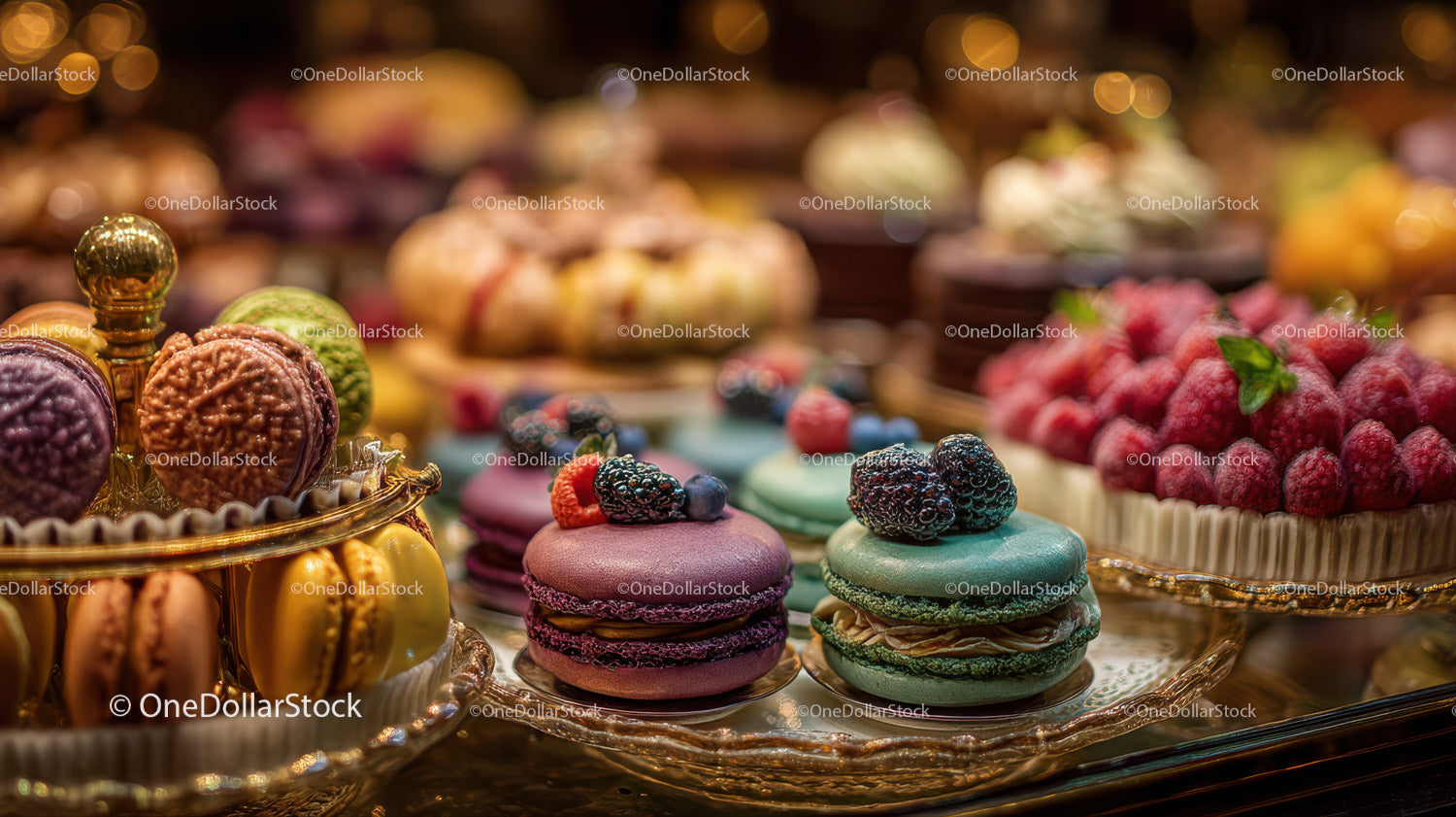 Elegant Assortment of Macarons and Berry Tart on Decorative Tray