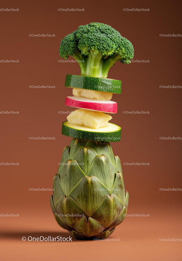 Creative stack of fresh vegetables with vibrant colors