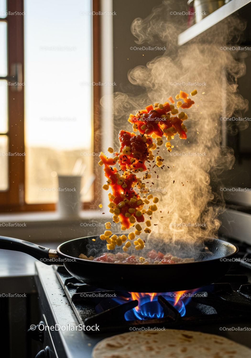 Sautéing fresh vegetables over gas stove flame