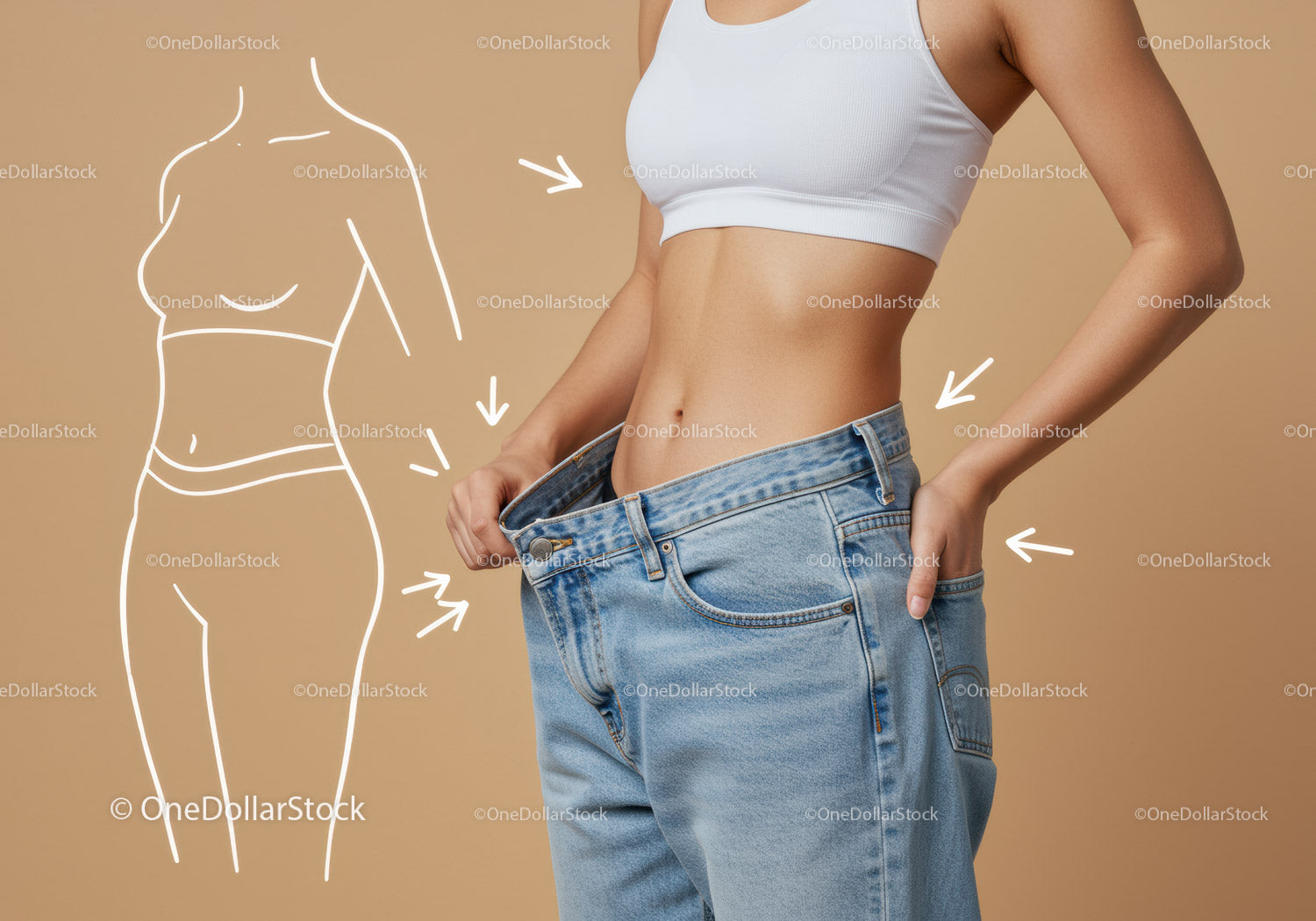 Kobieta o szczupłej talii w dżinsach z miarką krawiecką dla celów fitness i sylwetki