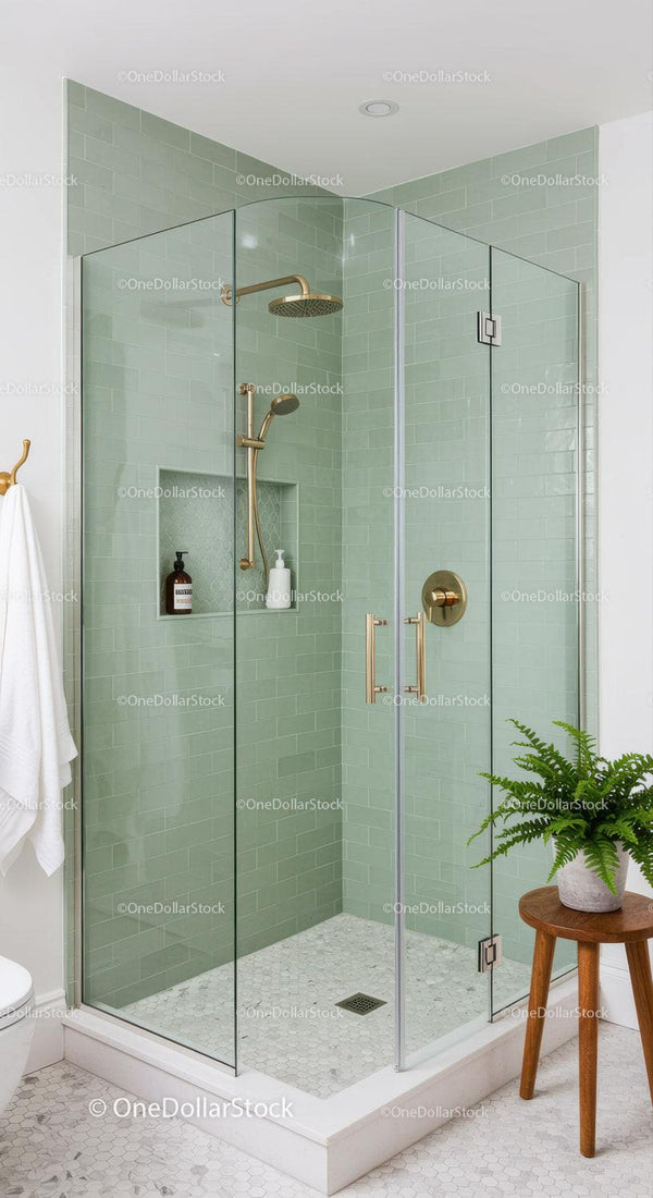 Modern glass shower with green subway tile walls