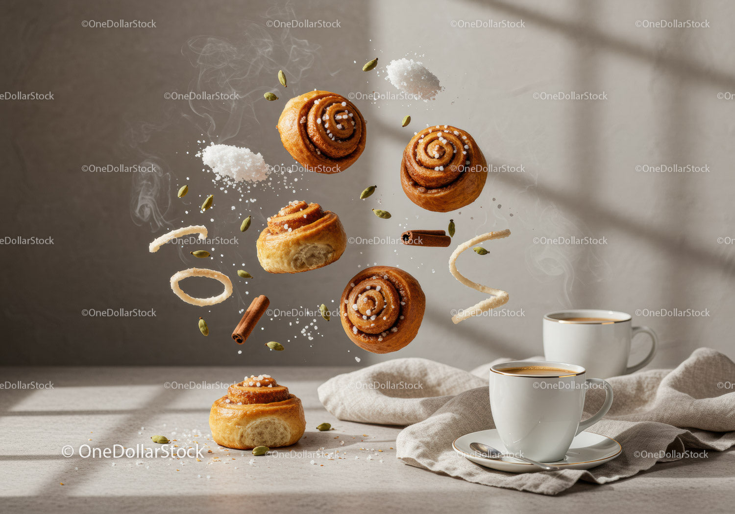 Fresh cinnamon rolls with coffee and floating ingredients