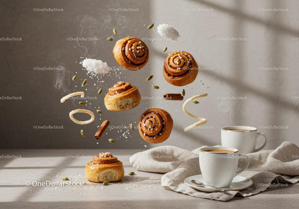 Fresh cinnamon rolls with coffee and floating ingredients