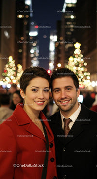 Smiling couple enjoying festive night in city street