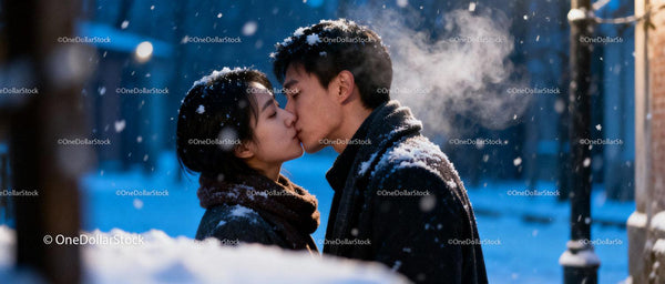 Couple Sharing a Tender Kiss in Snowy Winter Evening