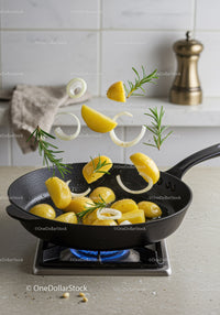 Fresh potatoes and herbs tossed in skillet over stove flame