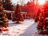 Christmas Trees Decorated with Lights in Snowy Outdoor Setting