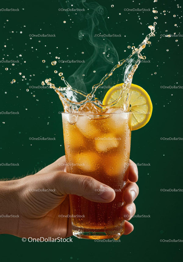 Refreshing iced tea with lemon splash on green background
