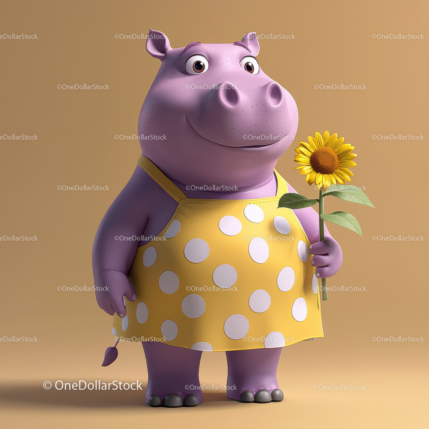 Cute Cartoon Pig Holding Sunflower Wearing Yellow Polka Dot Dress