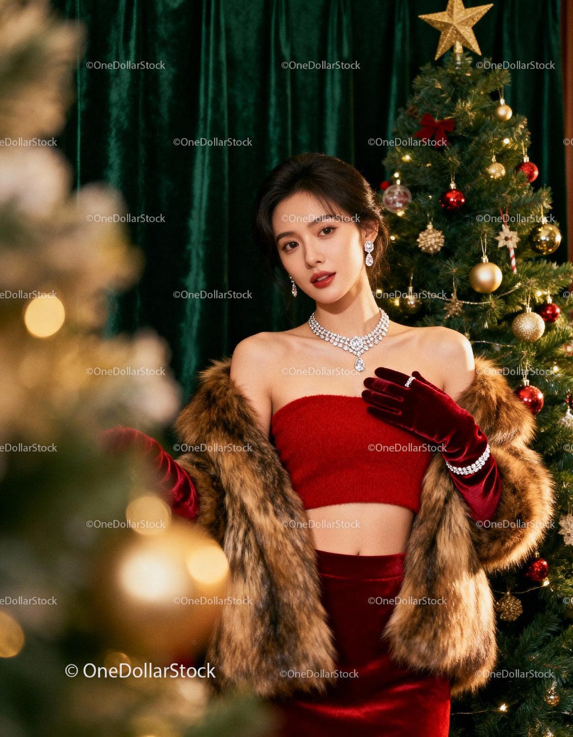 Elegant woman in red outfit by decorated Christmas tree